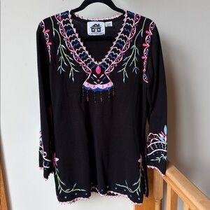 Storybook Knits Embroidered & Beaded V-Neck Tunic Sweater Small